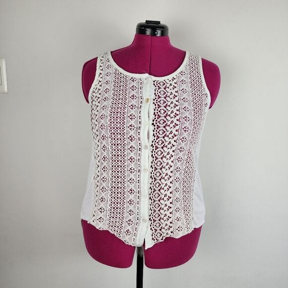 Cream Lace High-Low Top Sleeveless Button Up Sheer Blouse Small - Picture 3 of 13